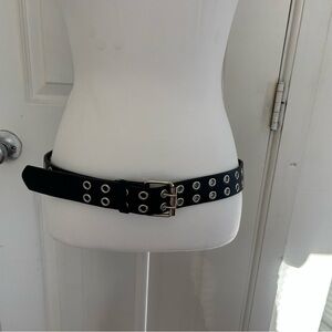 Black Double-Grommet Belt with Silver Buckle - Women Accessories